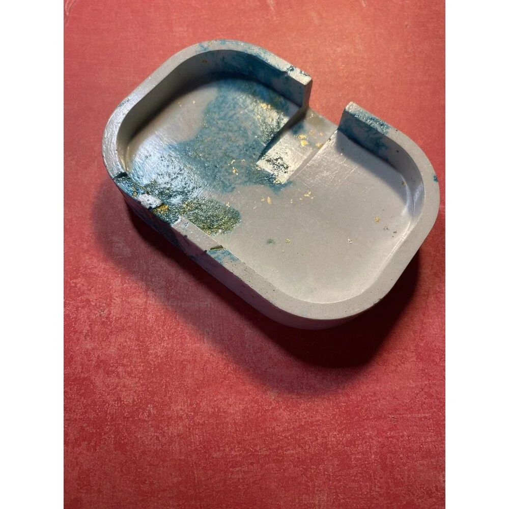 Handmade Soap Dish Cement Bathroom Kitchen Self Draining Teal With Gold